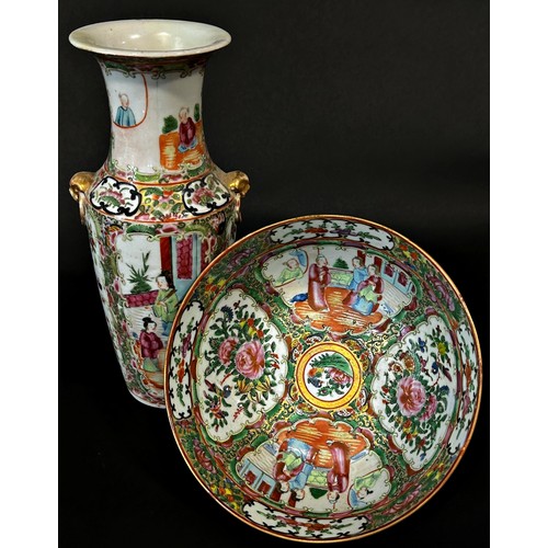 77 - A 19th century Cantonese vase with character detail, together with a further bowl and sleeve vase al... 