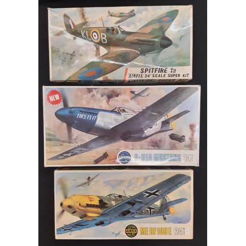 701 - Three 1:24 scale Airfix 'Super Kit' model aircraft kits including P51D Mustang, Spitfire 1a and ME B... 