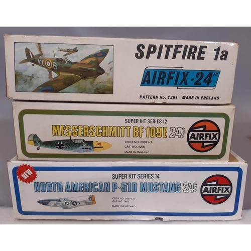 701 - Three 1:24 scale Airfix 'Super Kit' model aircraft kits including P51D Mustang, Spitfire 1a and ME B... 