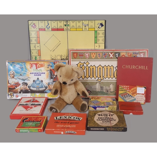 708 - A mixed lot of vintage toys and games comprising a Teddy Bear by Merrythought height 38cm and games ... 