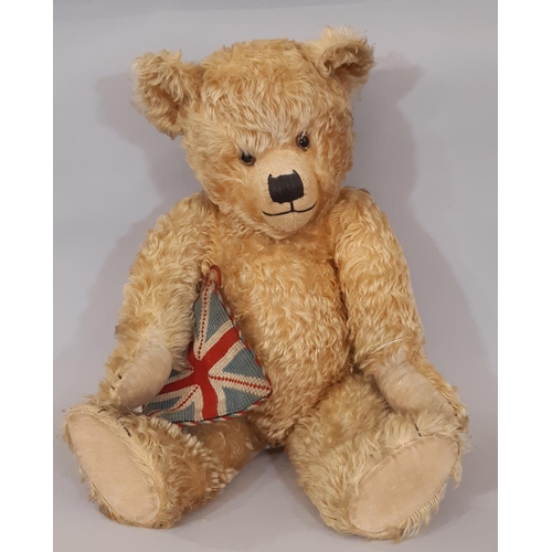 709 - Large vintage teddy bear with golden plush, jointed body, long tapering limbs, velvet paw pads, and ... 