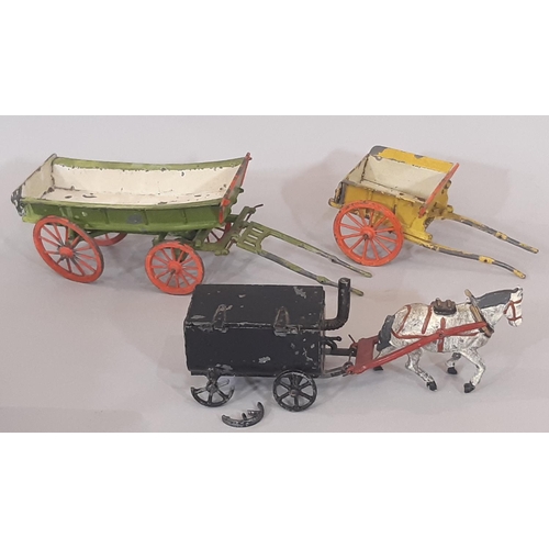 715 - Mixed vintage toys comprising Britains lead farm figures, Charbens Tar Boiler, Coat Cart and cloth s... 