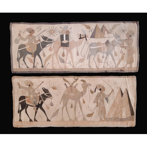 725 - Two early to mid 20th century Egyptian textile panels depicting travelling figures with pyramids, pa... 