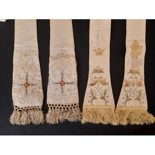 726 - Five 19th century - early 20th century ecclesiastic vestment stoles the largest being 23cm wide with... 