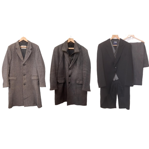 730 - Gentlemens' clothing comprising a vintage single breasted herringbone tweed coat in Lambswool by Aqu... 