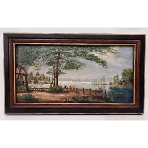 1628 - 19th Century Naive School - Lakeside scene with figures at leisure beside the water, unsigned, oil o... 