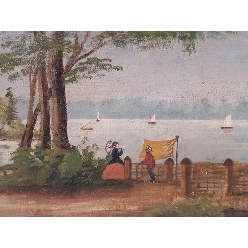 1628 - 19th Century Naive School - Lakeside scene with figures at leisure beside the water, unsigned, oil o... 