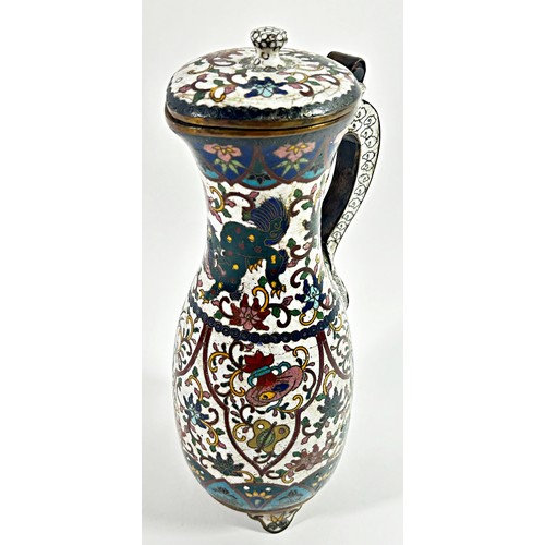 482 - A 19th century Japanese enamel cloisonné ewer decorated with flowers and clouds to the handle, with ... 