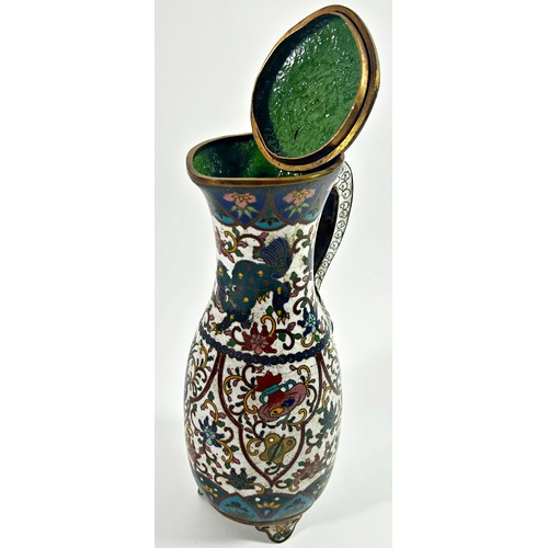 482 - A 19th century Japanese enamel cloisonné ewer decorated with flowers and clouds to the handle, with ... 