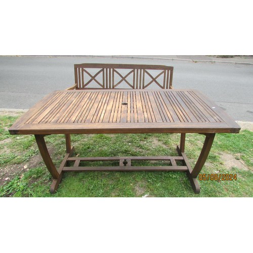 1077 - A contemporary stained hardwood three seat garden bench with slatted seat and back with open x frame... 