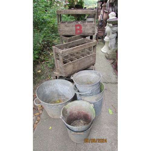 1018 - Five vintage French wooden bottle crates together with a selection of galvanised buckets, old sieve,... 