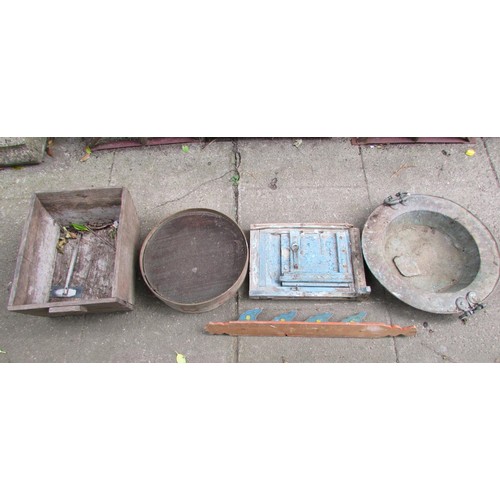 1018 - Five vintage French wooden bottle crates together with a selection of galvanised buckets, old sieve,... 