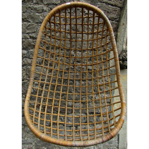 1104 - A vintage conical/egg shaped suspended cane work chair, on chain, 93cm high, 65cm wide.