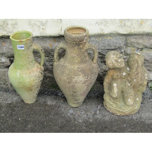 1106 - Two small weathered clay vessels with moulded loop handles (varying design), the largest amphora typ... 