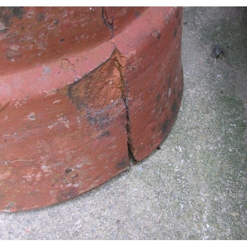 1025 - A weathered terracotta cylindrical chimney pot with vented top (af) later adapted as a planter 90 cm... 