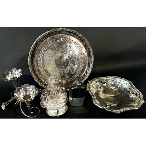 215 - A mixed selection of silver plated tableware including teapots, a rose bowl, a vinaigrette stand, tr... 