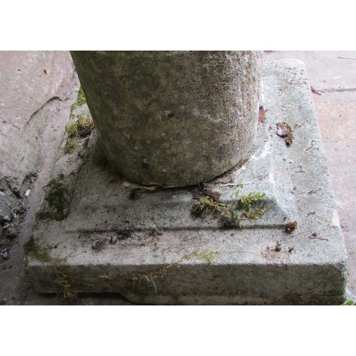 1028 - A weathered garden bird bath in three sections with cast composition stone circular top and square  ... 