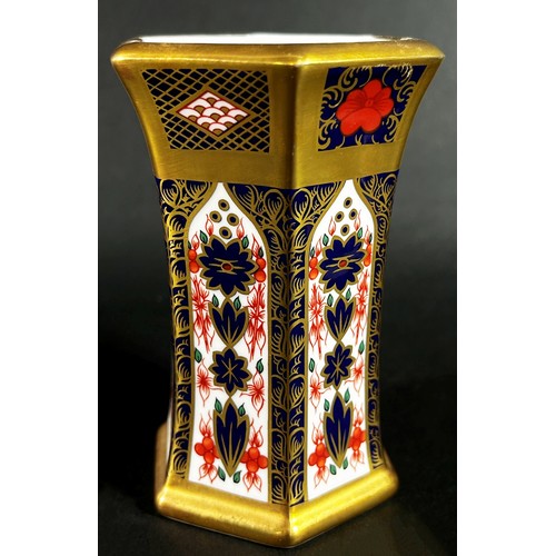 95 - Crown Derby Old Imari pattern hexagonal spill vase, 120cm high