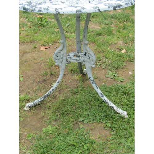 1058 - A painted and weathered cast aluminium garden terrace table of circular form with decorative pierced... 