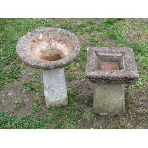 1062 - Two small weathered two sectional cast composition stone bird baths of varying design, 51 and 41 cm ... 