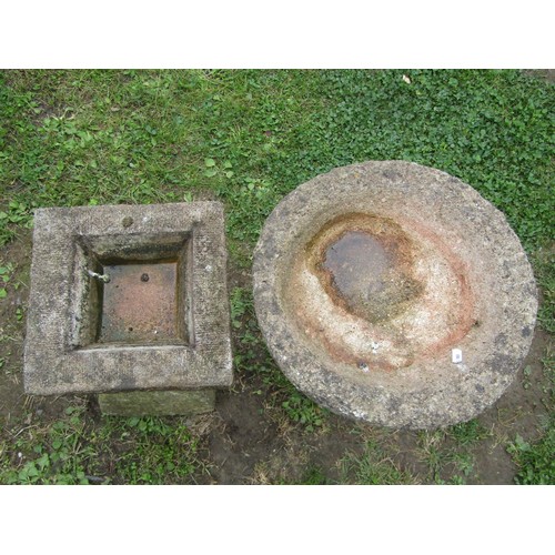 1062 - Two small weathered two sectional cast composition stone bird baths of varying design, 51 and 41 cm ... 