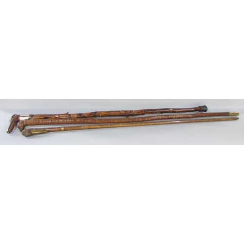 429 - Three walking sticks, one with carved wood Heron with a brass beak, one with a bird’s head with carv... 