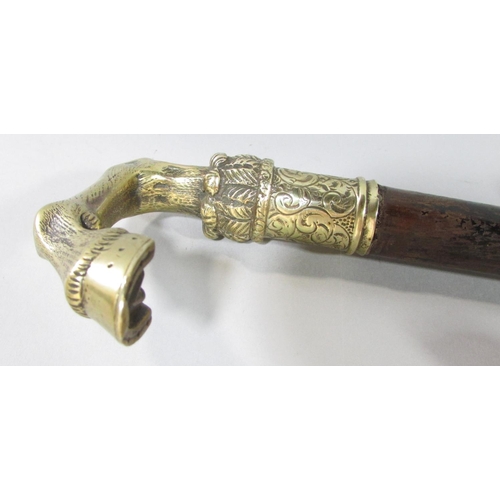 431 - Two ebony canes with chrome leaping Jaguar handles, an ebony cane with a brass horse’s lower leg and... 