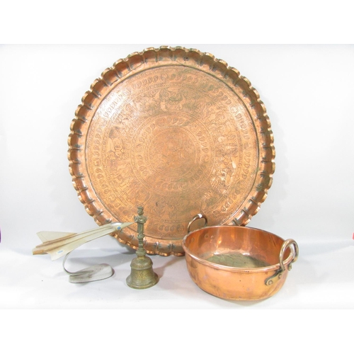 445 - A large brass  Mughal Indian copper engraved charger 69cm diameter , together with a copper preserve... 