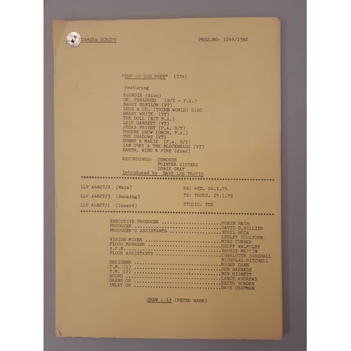 696 - Three original production crew camera scripts for Top of the Pops 1979, Saturday Live series 2 1987 ... 