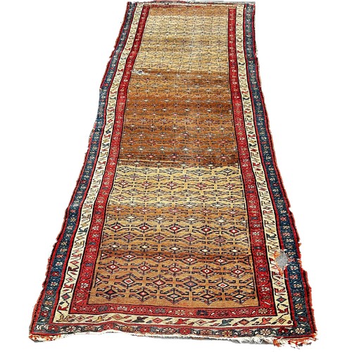 1754 - A Shirvan type runner with repeating rows zig-zag designs 340cm x 110cm approximately ( As found)