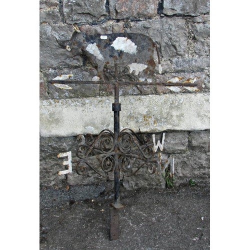 1115 - An old weathered painted ironwork weathervane with stylised cow finial, 88cm high, 58cm wide (maximu... 