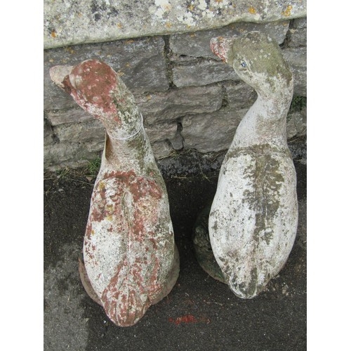 1138 - A pair of weathered painted composition stone geese garden ornaments, each 60cm high.