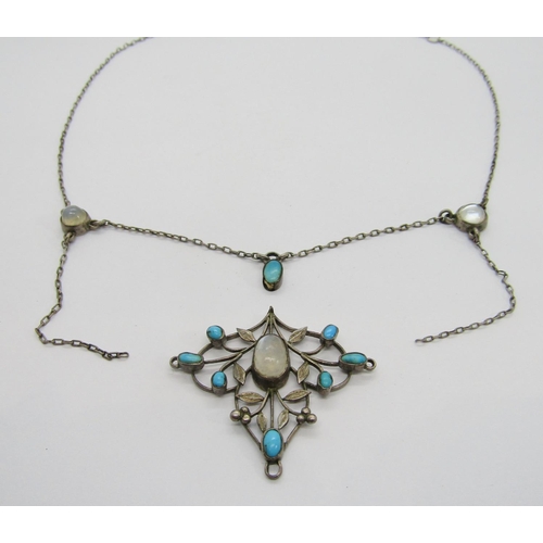 352 - Arts & Crafts white metal festoon necklace set with cabochon moonstone and turquoise, in the style o... 