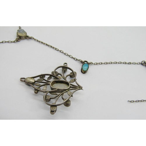 352 - Arts & Crafts white metal festoon necklace set with cabochon moonstone and turquoise, in the style o... 