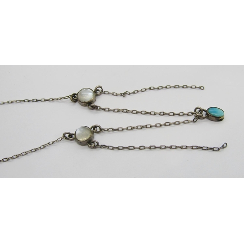 352 - Arts & Crafts white metal festoon necklace set with cabochon moonstone and turquoise, in the style o... 