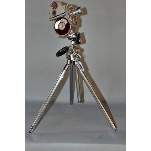 522 - A vintage Ensign Cine Pan, wooden tripod with stainless steel extension with dual tips, rubber and s... 