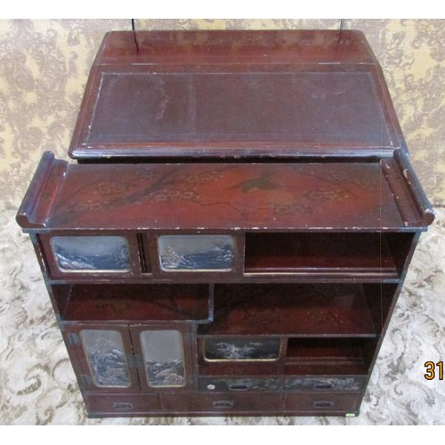 1190 - A 19th century Japanese lacquered writing desk, the raised back enclosing drawers and cupboards, lan... 