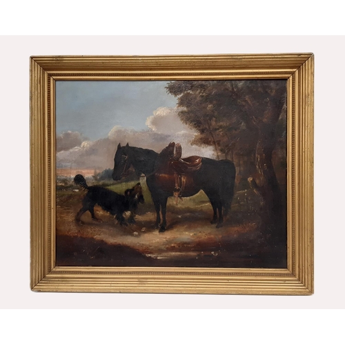 1690 - William Henderson (British, 19th century) - Horse and spaniel in a sublime country landscape, oil on... 