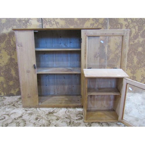 1194 - An old pine glazed cabinet with a single door, 80cm w x 77cm h x 32cm d, together with a smaller old... 