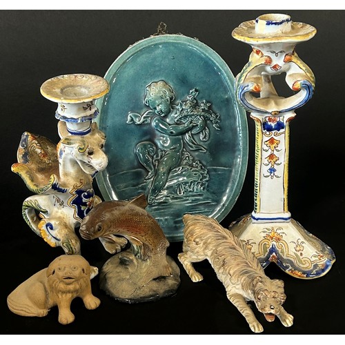 155 - A collection of Staffordshire dogs, oval blue and white tureens, salt glazed jug, etc