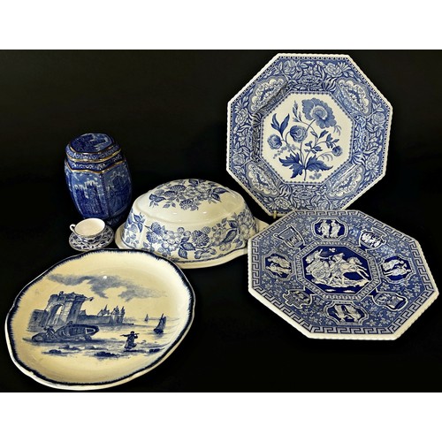 142 - Collection of blue and white ceramics in the 19th century style including plates, a Ringtons tea cad... 