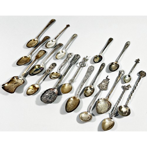 267 - A mixed selection of English, Continental and Eastern silver teaspoons in varying shapes and sizes, ... 