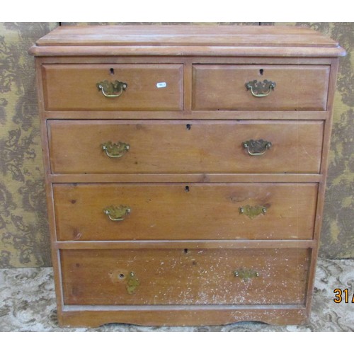 1204 - An old stripped pine chest of drawers with two short over three graduated long drawers, 88cm x 95cm ... 