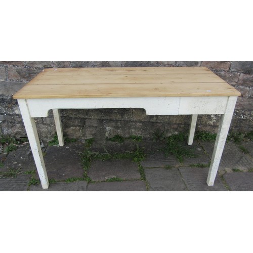 1217 - An old Dairy table, with a three plank pine top on a painted base with square tapered supports, 135c... 