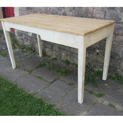 1217 - An old Dairy table, with a three plank pine top on a painted base with square tapered supports, 135c... 