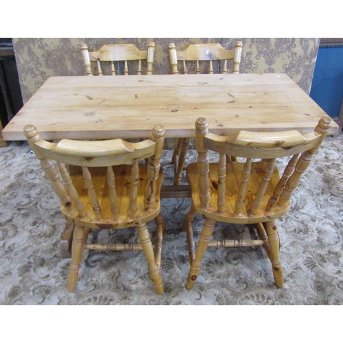 1197 - A small pale pine refectory type dining table, 73cm high, 137 x 76cm, together with four associated ... 