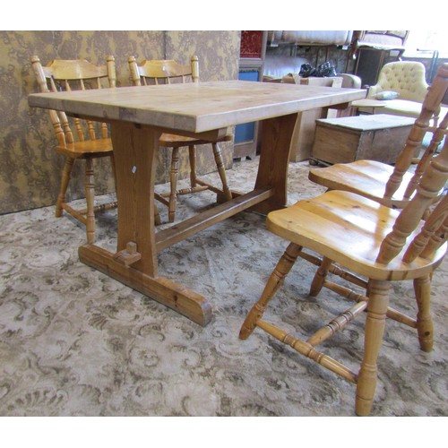 1197 - A small pale pine refectory type dining table, 73cm high, 137 x 76cm, together with four associated ... 