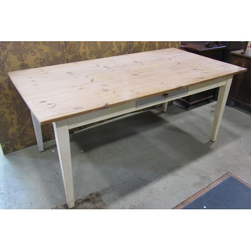 1198 - A pine kitchen table with stripped plank top and painted base raised on square tapered supports, 78c... 