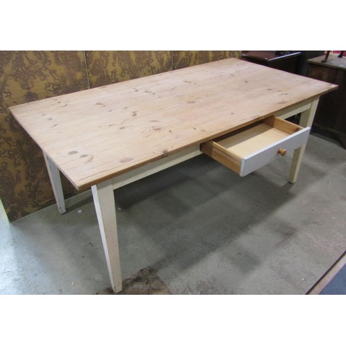 1198 - A pine kitchen table with stripped plank top and painted base raised on square tapered supports, 78c... 