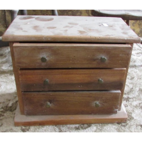 1214 - An old small chest of three drawers, a child’s chair, a circular top low table.